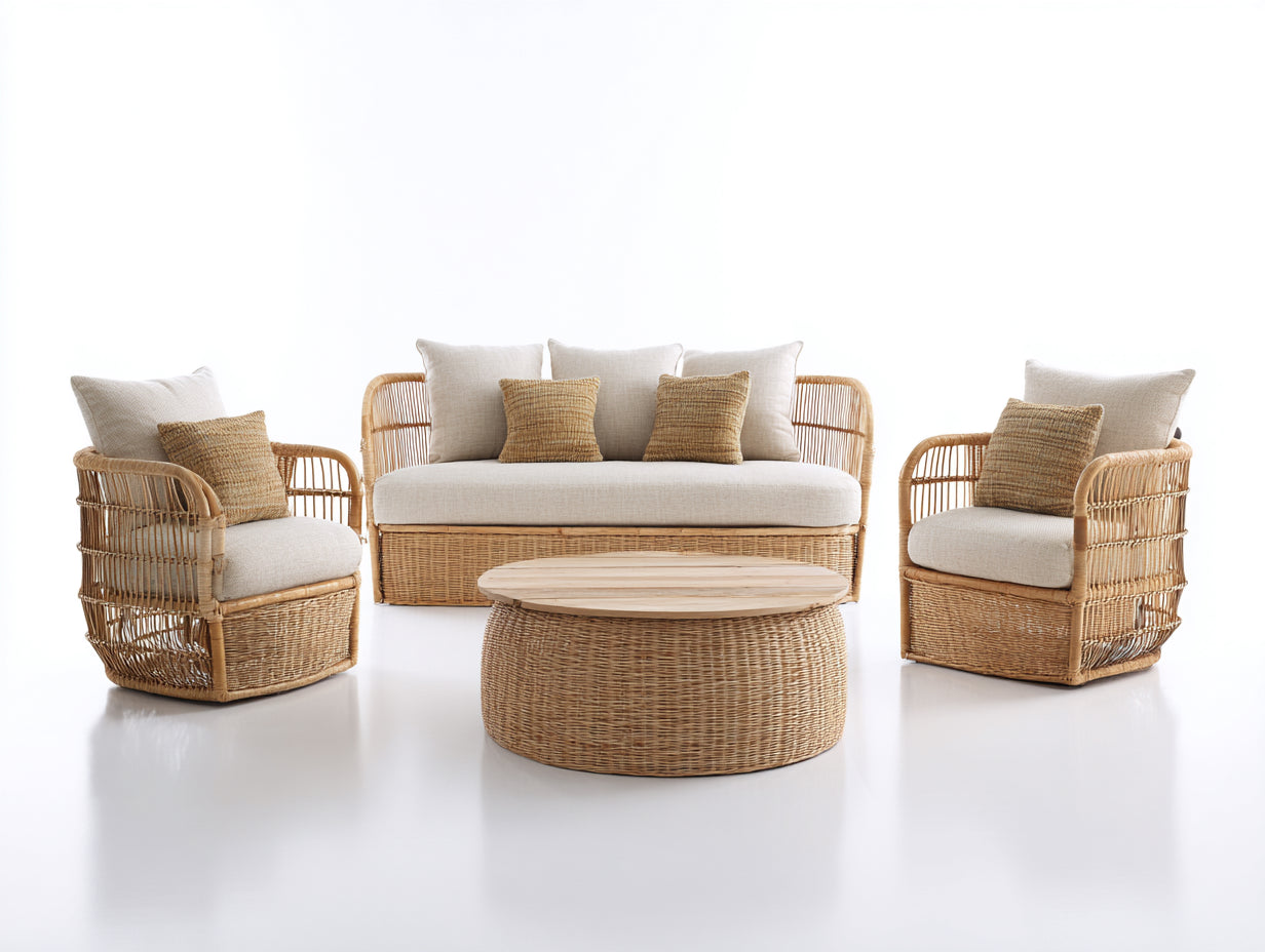 Divani da esterno - Rattan-Legno-Tessuto - 198 x 92 x 91 cm - Beige-Miele - Boho moderno