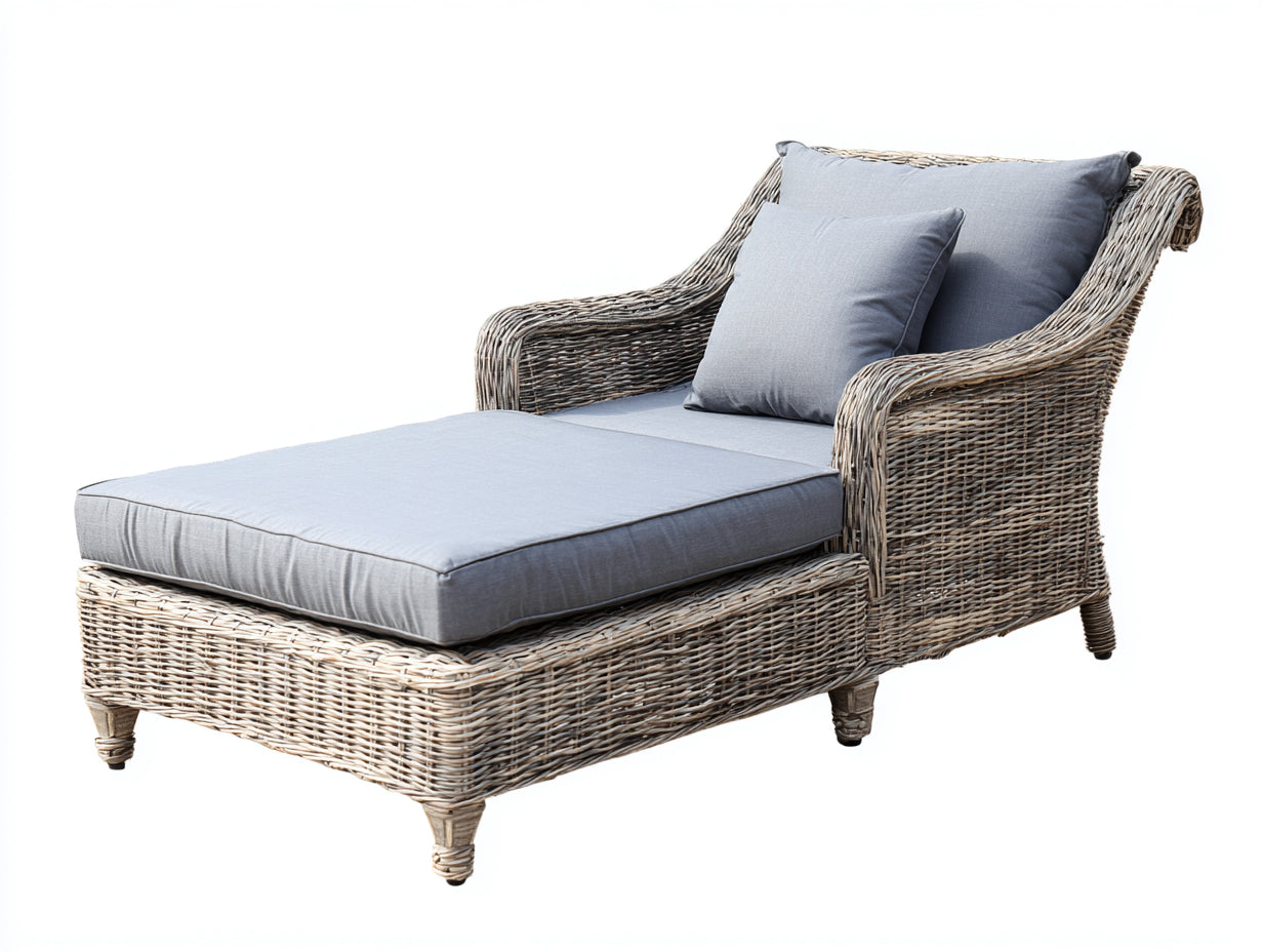 Lettino prendisole - Rattan-Tessuto - 208 x 86 x 97 cm - Grigio naturale-Azzurro polvere - Stile provenzale