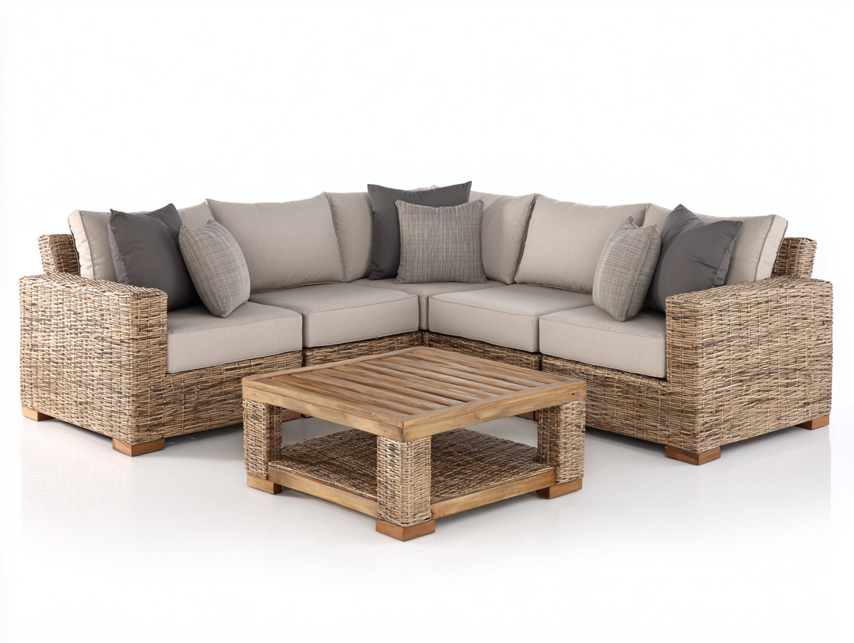 Divani da esterno - Polyrattan-Legno-Tessuto - 248 x 248 x 78 cm - Beige-Marrone-Naturale - Moderno