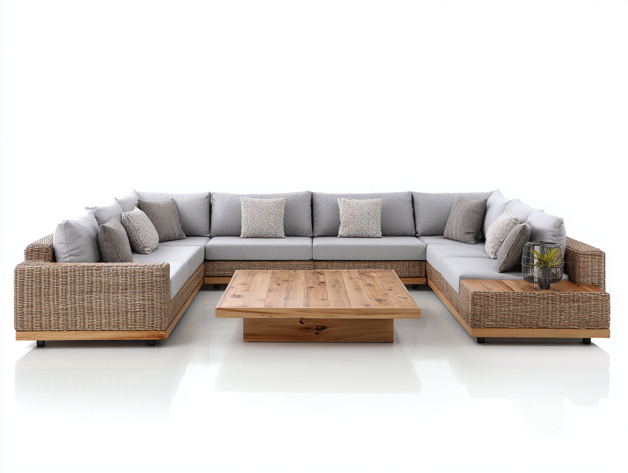 Divani da esterno - Polyrattan-Legno-Tessuto - 330 x 225 x 77 cm - Grigio-Marrone-Nero - Contemporaneo