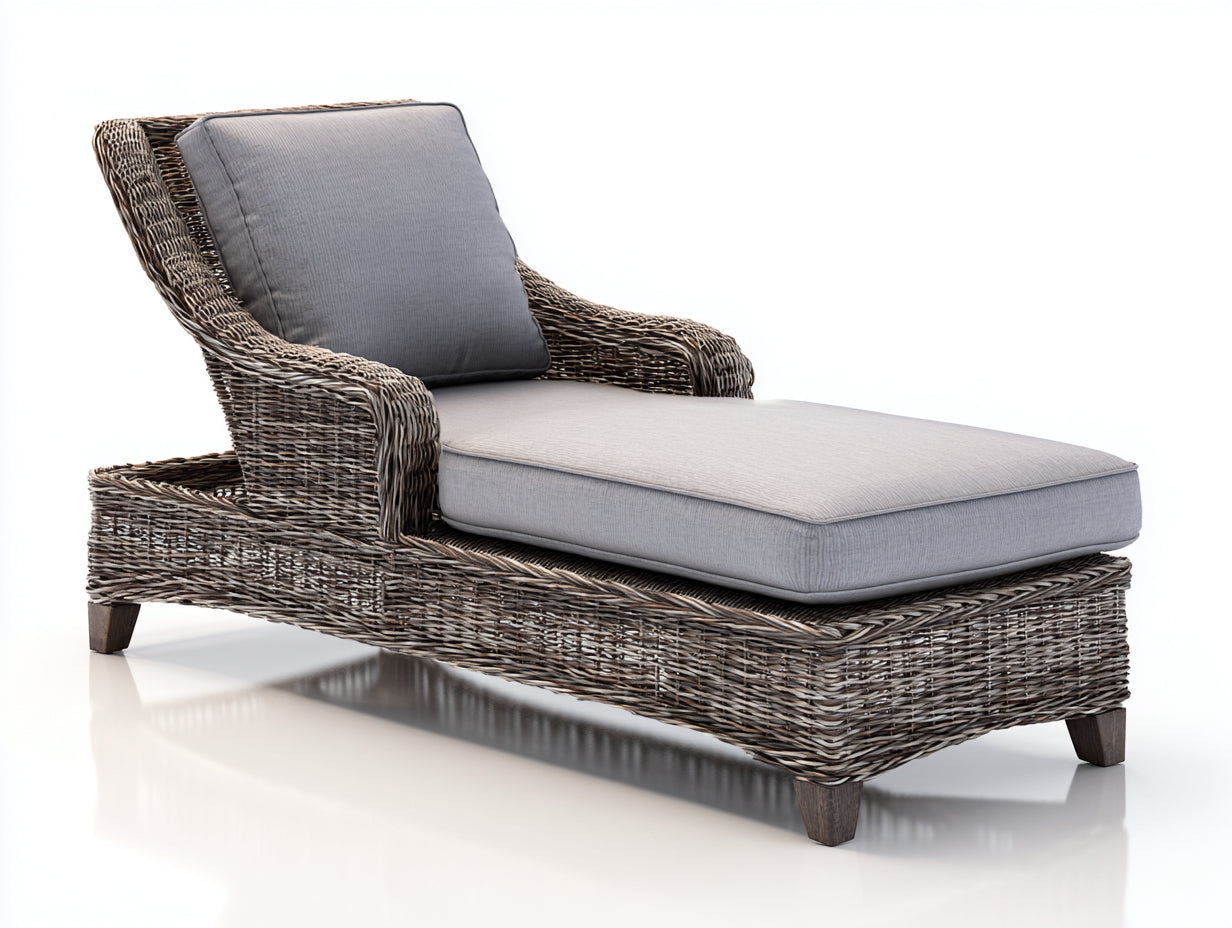 Lettino prendisole - Rattan-Tessuto - 210 x 80 x 98 cm - Marrone naturale-Grigio cenere - Stile classico