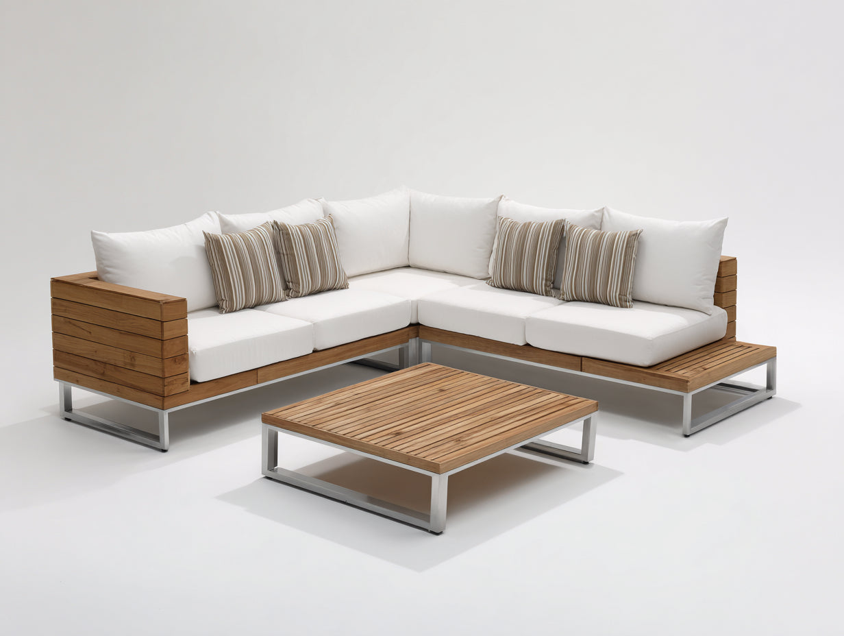 Divani da esterno - Legno-Metallo-Tessuto - 242 x 242 x 76 cm - Bianco-Marrone-Argento - Contemporaneo