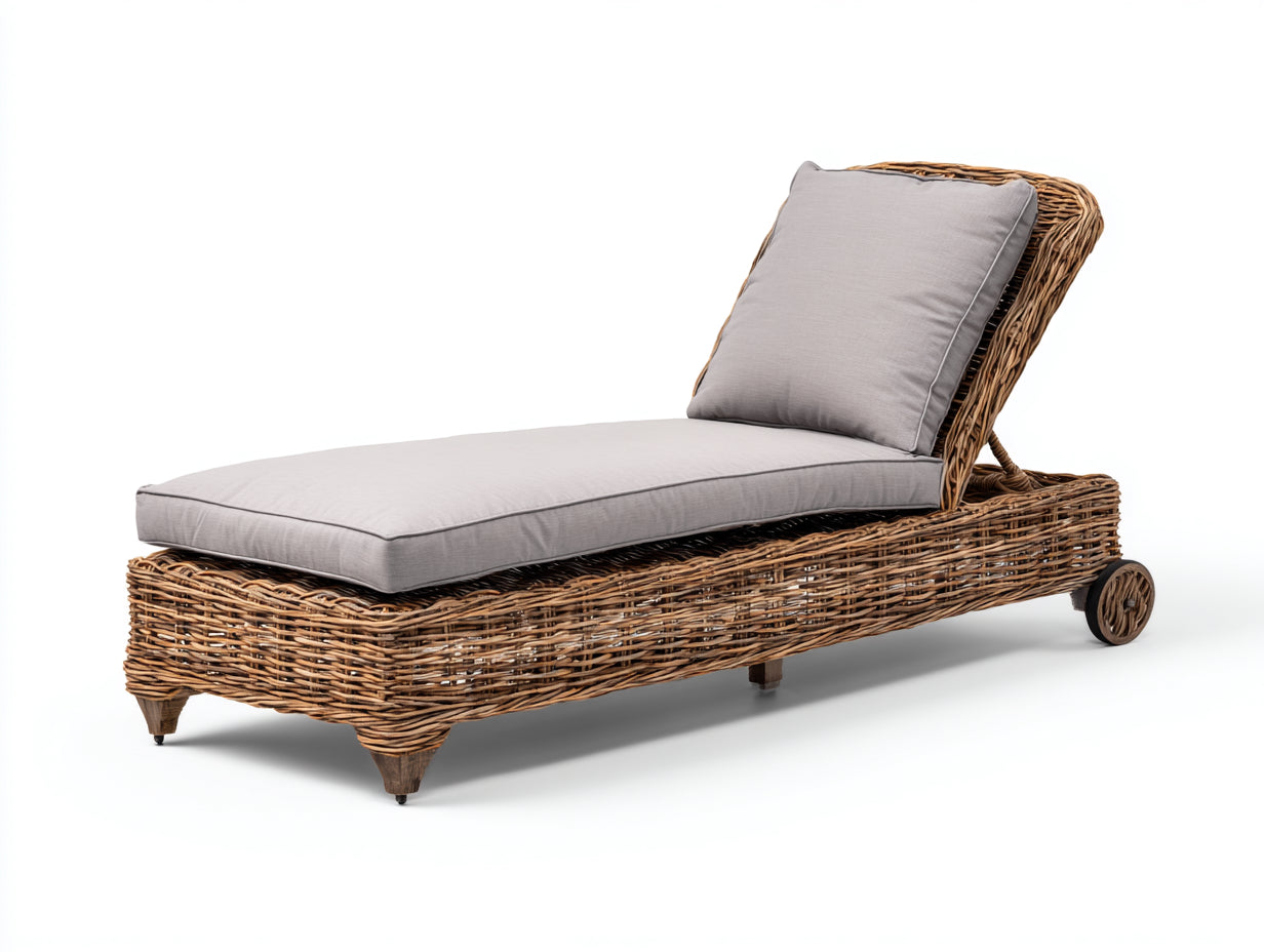 Lettino prendisole - Rattan-Tessuto - 198 x 72 x 98 cm - Marrone naturale-Grigio chiaro - Stile mediterraneo