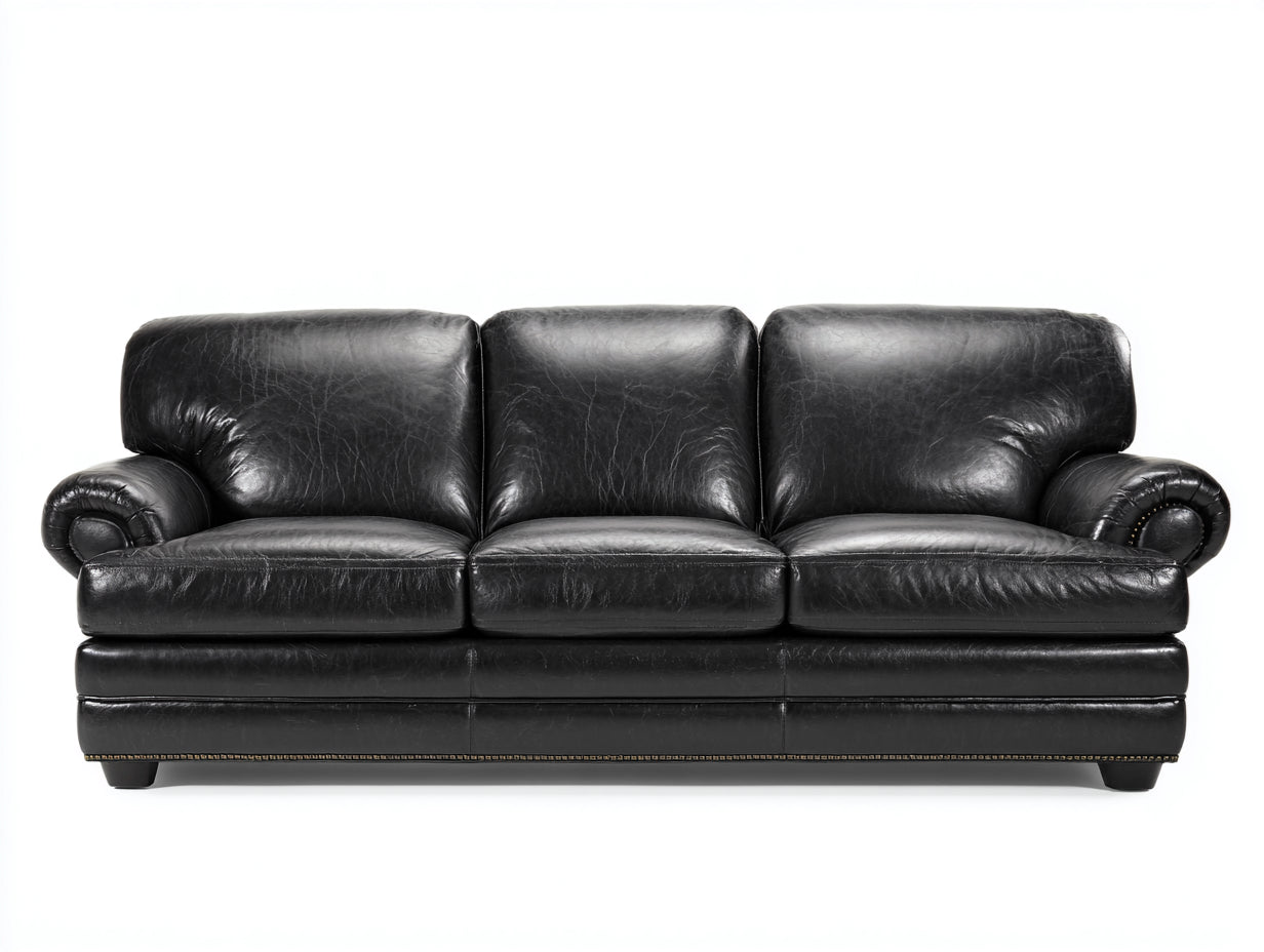 Divano a 3 posti - Pelle - 229x100x91 cm - Nero - Stile tradizionale con finitura a borchie