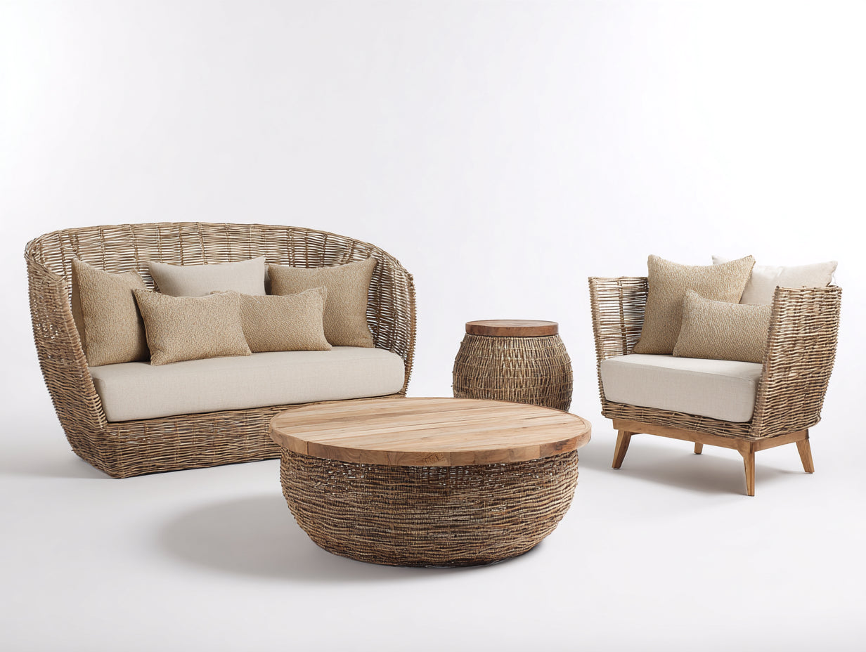 Divani da esterno - Rattan-Legno-Tessuto - 190 x 95 x 105 cm - Beige-Marrone-Naturale - Boho contemporaneo