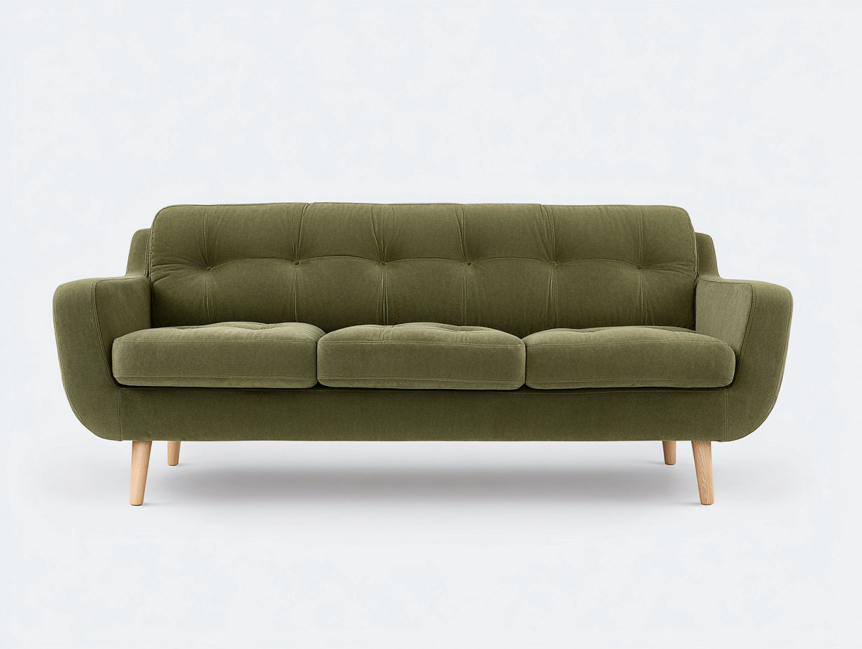 Divano a 3 posti - Tessuto-Legno - 216x88x82 cm - Verde oliva-Naturale - Stile retrò con schienale capitonné
