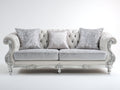 Divano a 3 posti - Similpelle-Tessuto-Legno - 238x96x105 cm - Bianco-Argento - Stile barocco con lavorazione capitonné