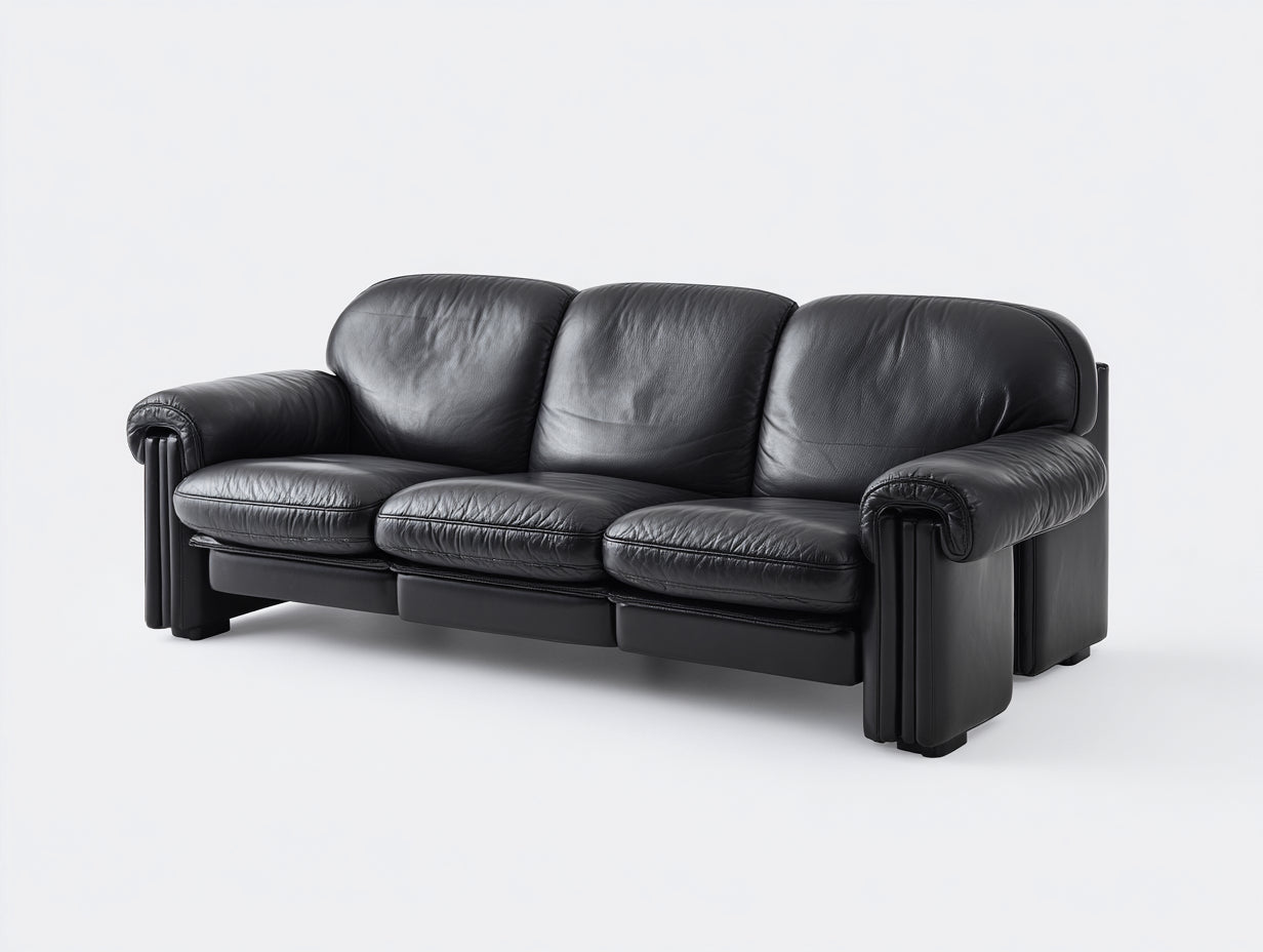 Divano a 3 posti - Pelle - 223x99x88 cm - Nero - Stile classico con braccioli arrotolati