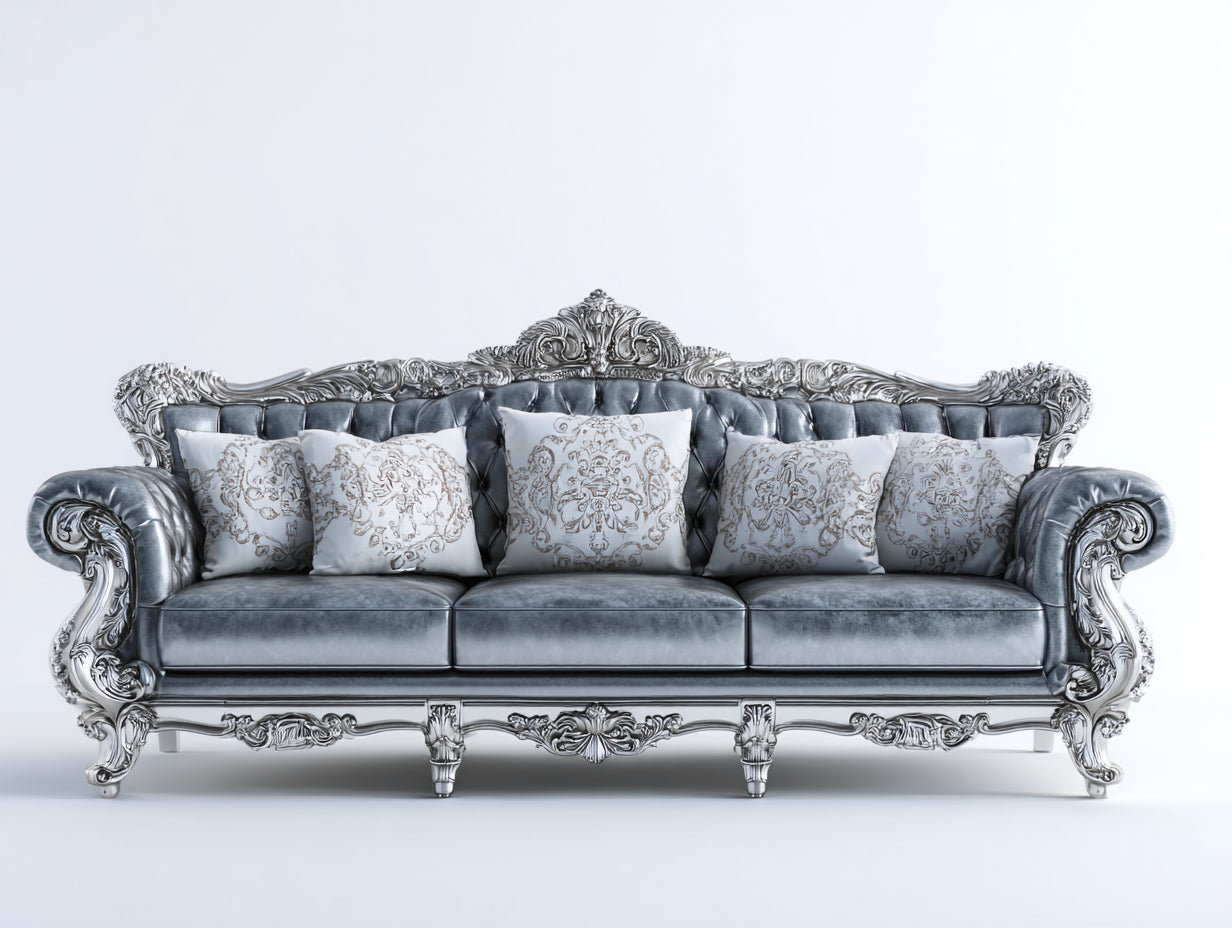 Divano a 3 posti - Velluto-Legno - 246x101x112 cm - Grigio blu-Argento - Stile barocco con cornice decorata