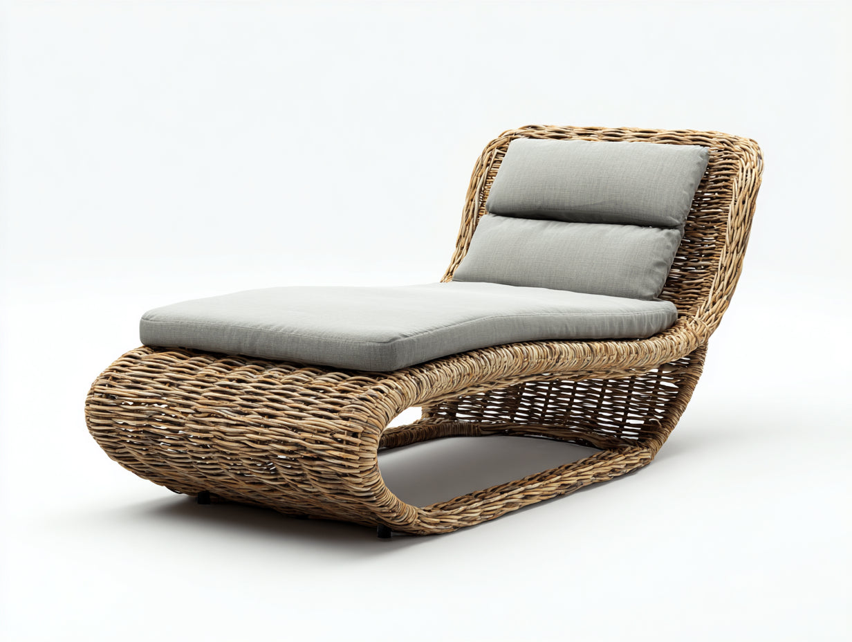 Lettino prendisole - Rattan-Tessuto - 190 x 78 x 85 cm - Marrone miele-Grigio perla - Stile organico