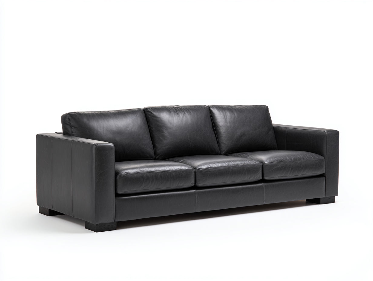 Divano a 3 posti - Similpelle - 219x91x78 cm - Nero-Marrone scuro - Stile moderno con braccioli squadrati