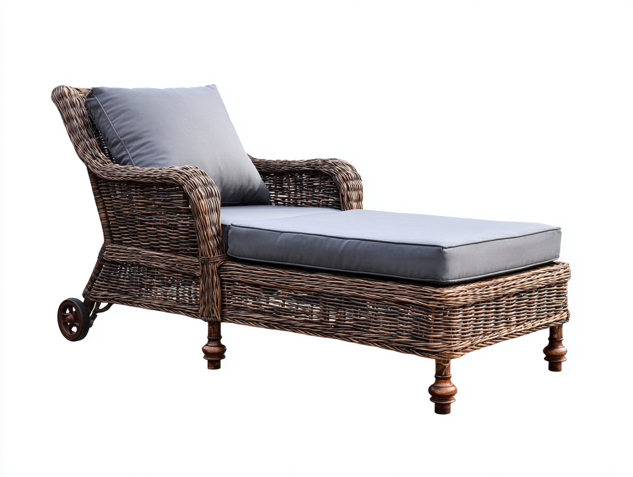 Lettino prendisole - Rattan-Tessuto - 212 x 84 x 96 cm - Marrone scuro-Grigio freddo - Stile vintage