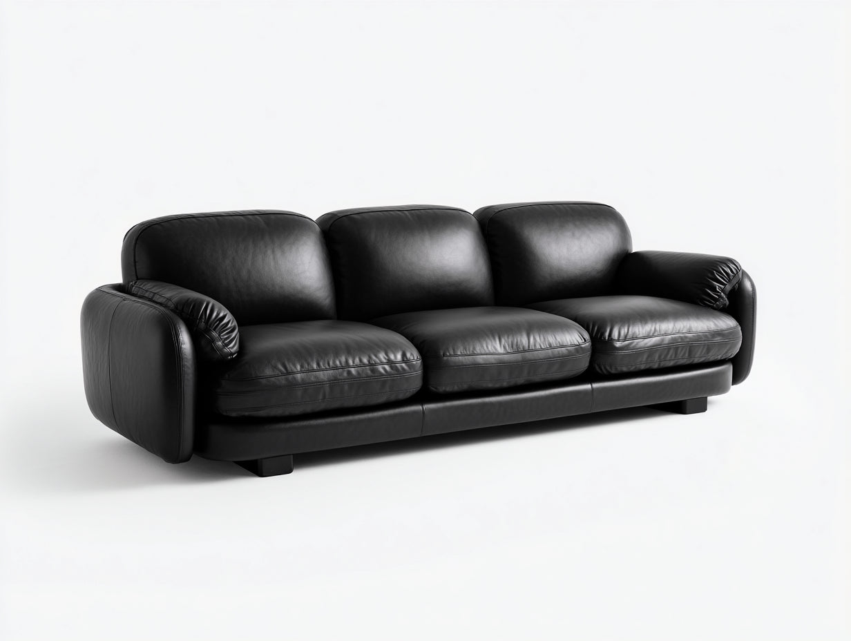 Divano a 3 posti - Pelle - 221x95x84 cm - Nero - Stile moderno con profilo arrotondato