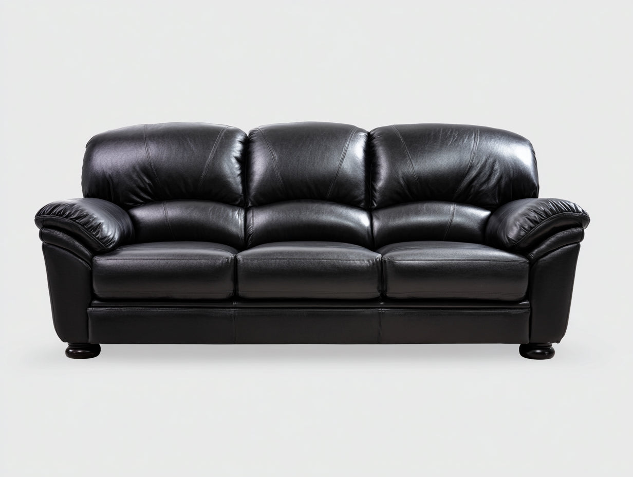 Divano a 3 posti - Pelle - 218x96x89 cm - Nero - Stile classico con braccioli imbottiti