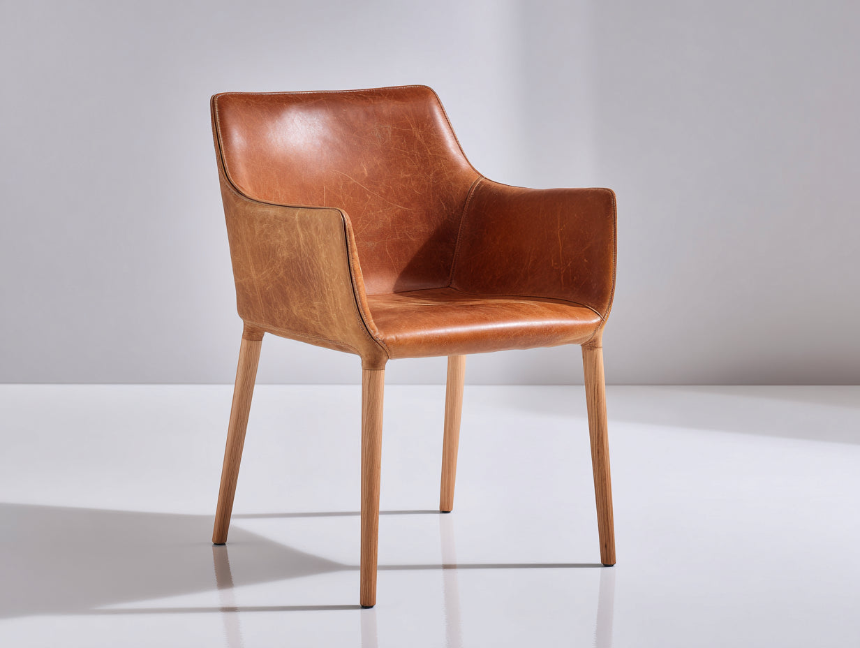 Sedia da pranzo - Similpelle-Legno - 61x60x84 cm - Cognac-Naturale - Stile moderno con braccioli
