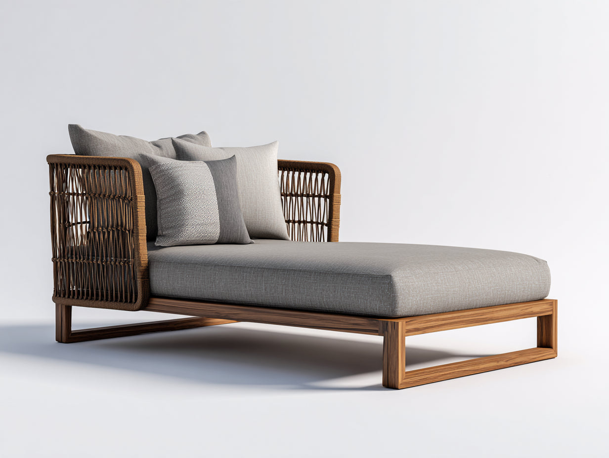 Lettino prendisole - Legno-Rattan-Tessuto - 218 x 105 x 91 cm - Marrone noce-Grigio tortora - Stile contemporaneo
