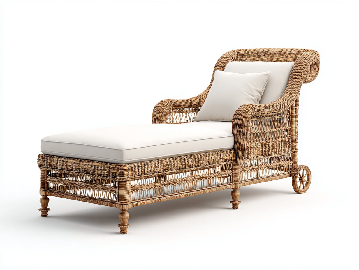 Lettino prendisole - Rattan-Tessuto - 190x78x98 cm - Naturale-Bianco - Stile classico con ruote