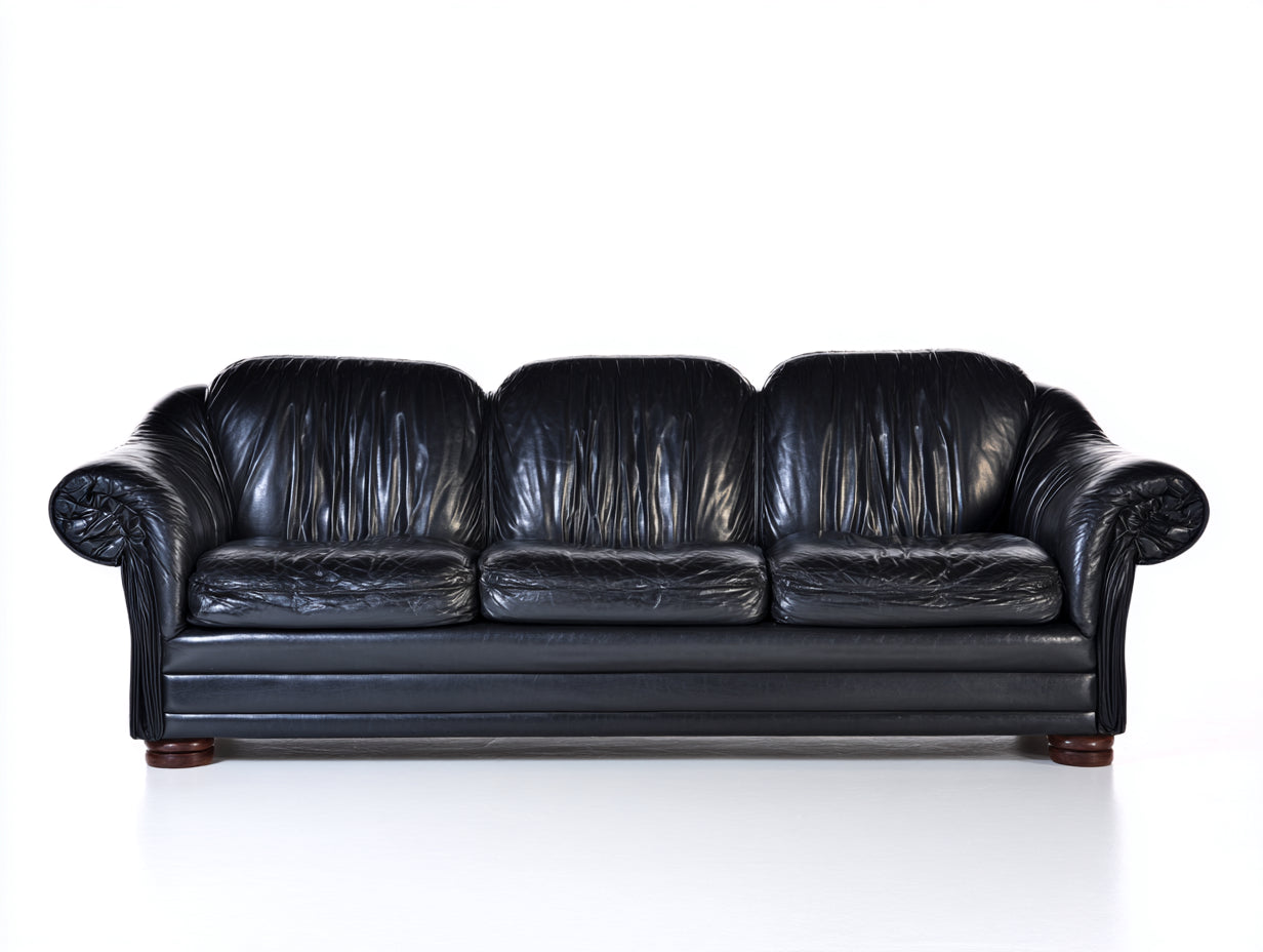 Divano a 3 posti - Pelle - 230x100x90 cm - Nero-Marrone - Stile tradizionale con braccioli arrotolati