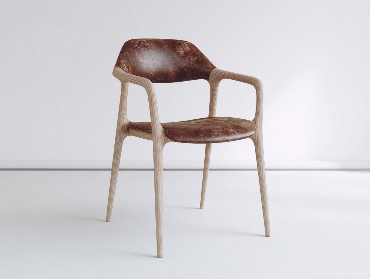 Sedia da pranzo - Similpelle-Legno - 58x57x82 cm - Marrone-Naturale - Stile scandinavo con braccioli aperti