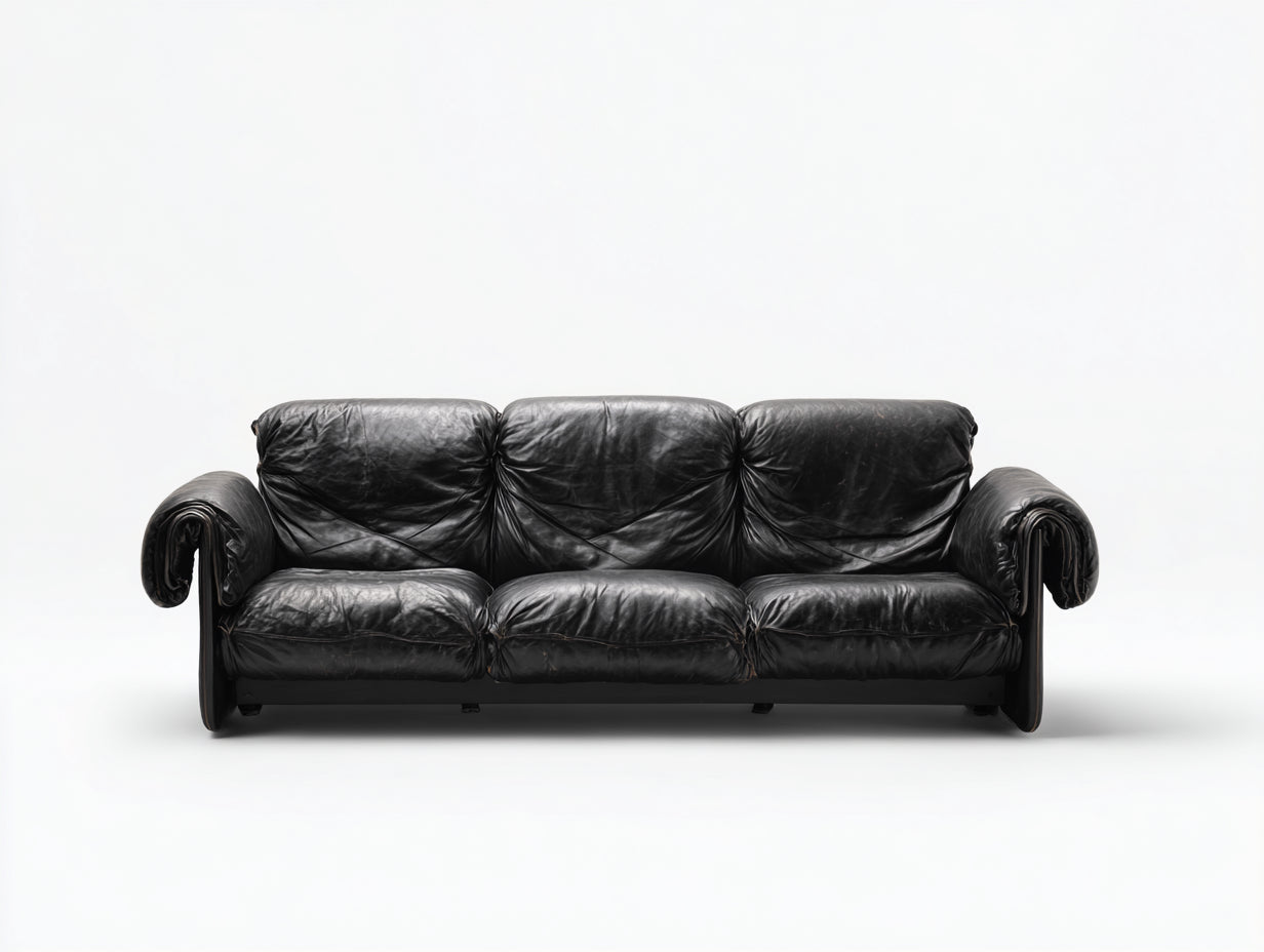 Divano a 3 posti - Similpelle - 218x98x86 cm - Nero - Stile vintage con braccioli arrotondati
